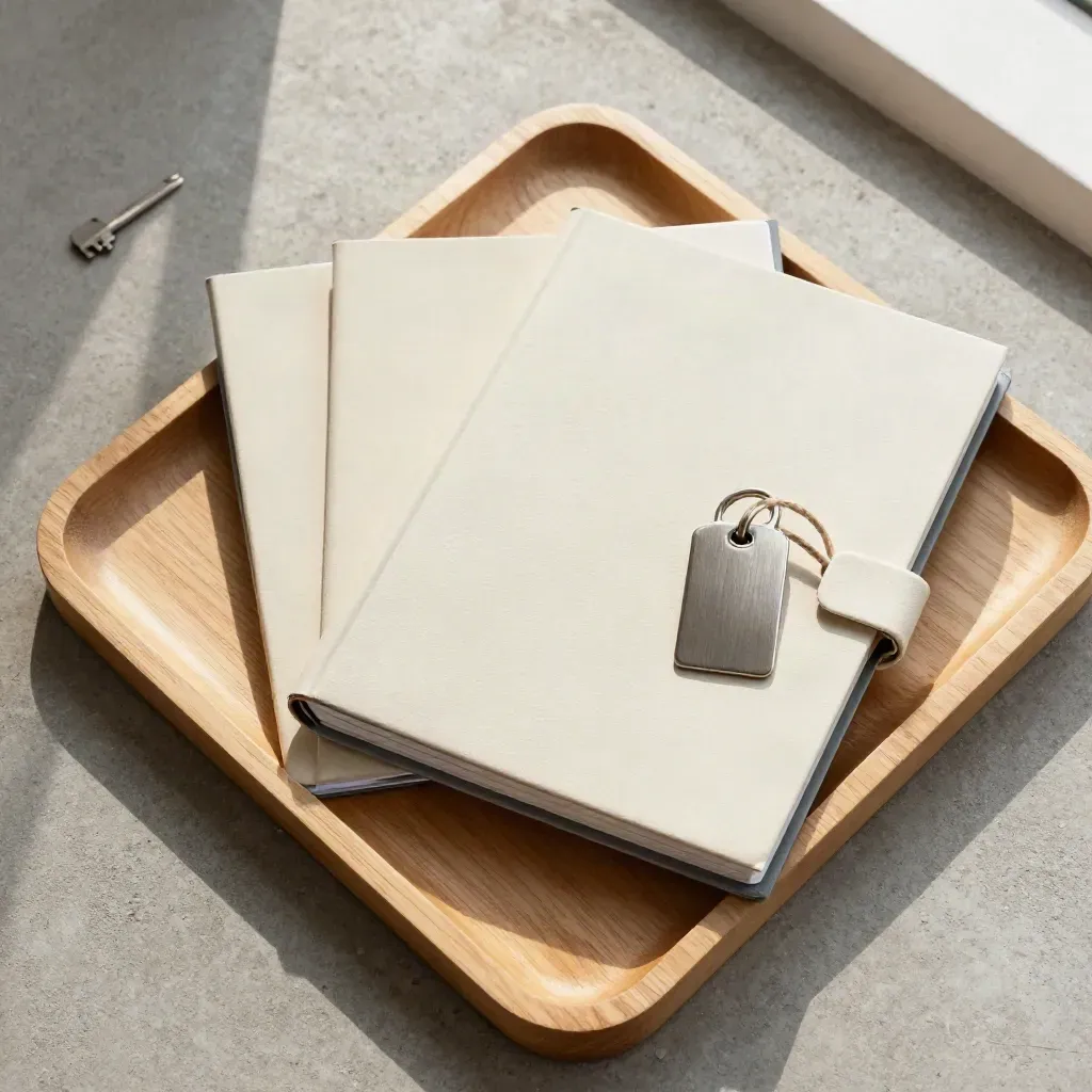 Overhead lettings management pack with key tag, twine loop and pale wood tray on concrete.