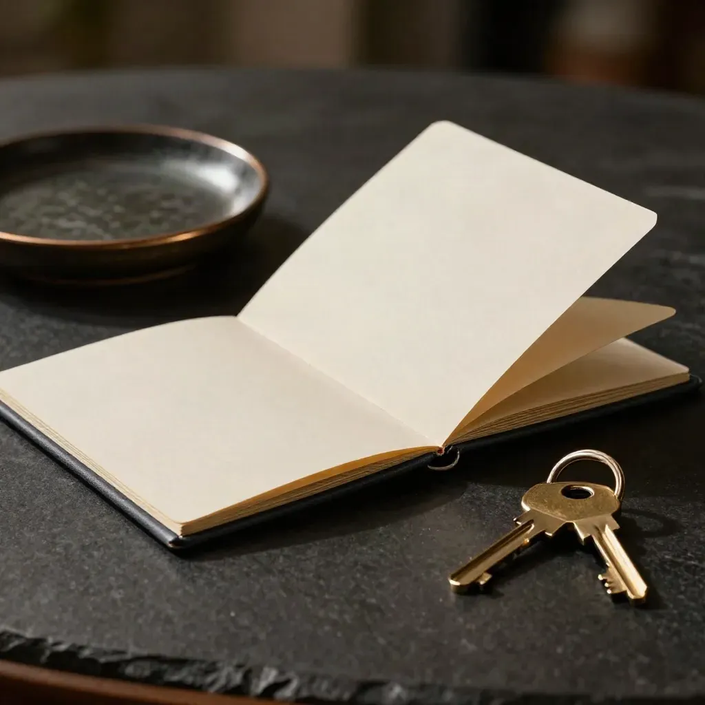 Ivory buyer viewing folder, brass key ring, and dark stone dish on a matte-black surface with dramatic light.