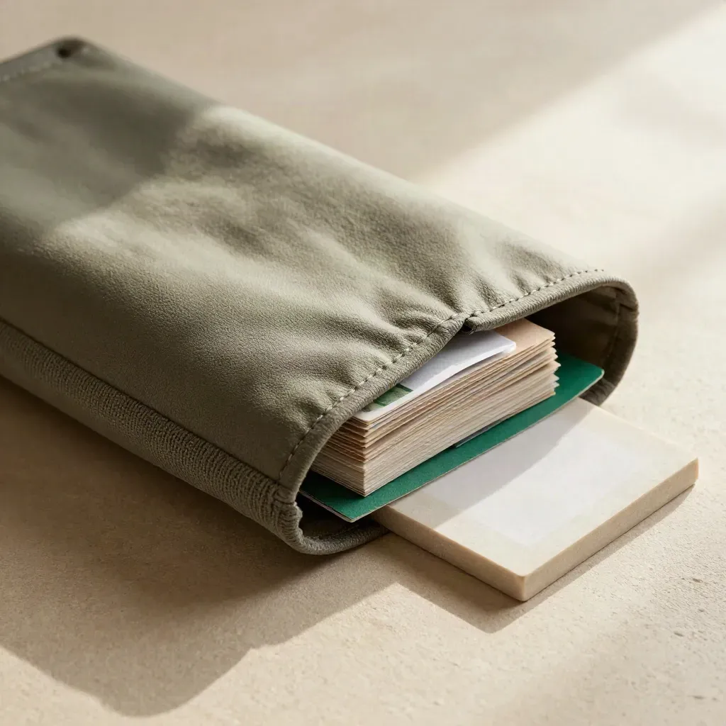 Close-up of a slate relocation advice pack with knit wrap and layered cards on pale stone.