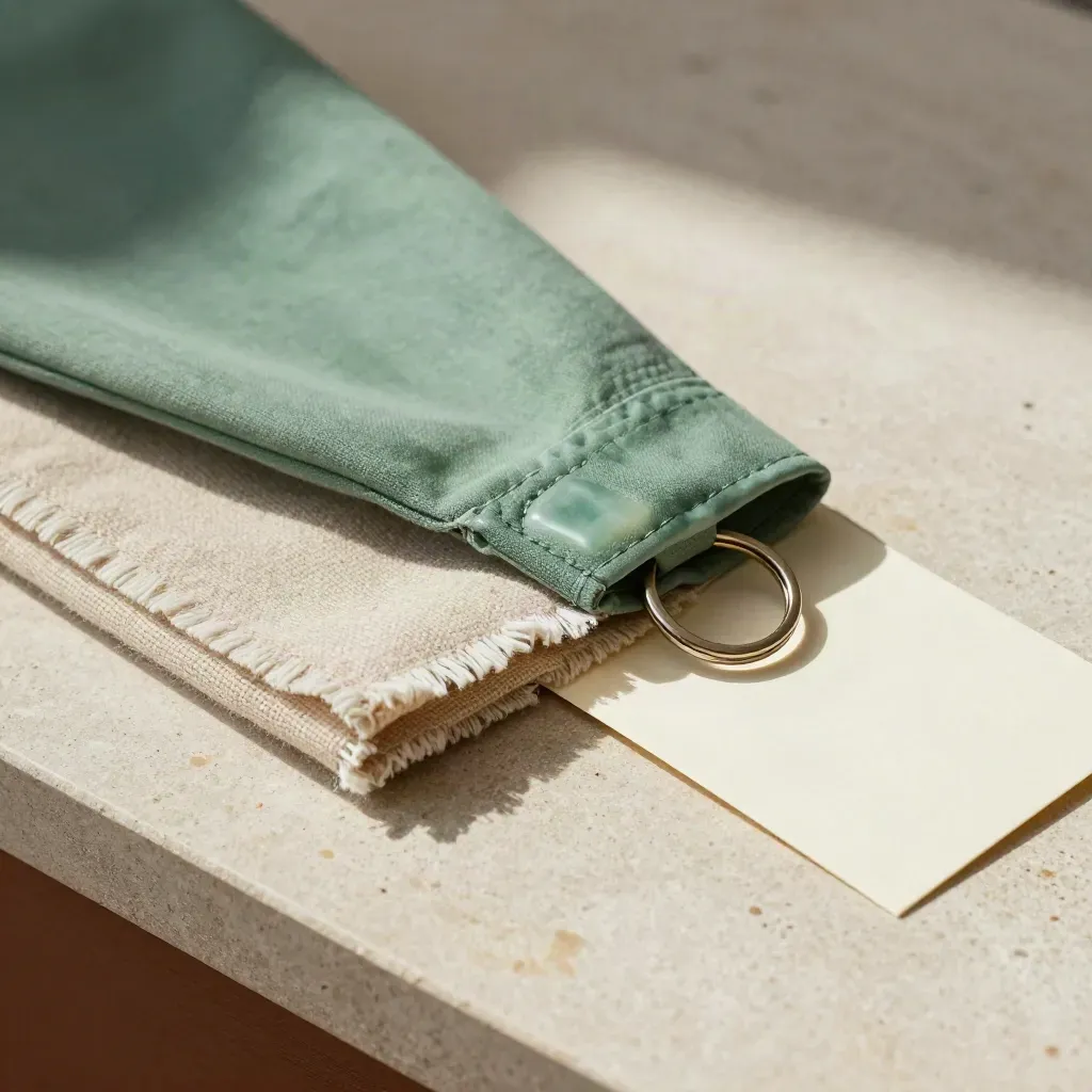 Agate-green property sleeve with key ring and folded wool cloth on pale stone