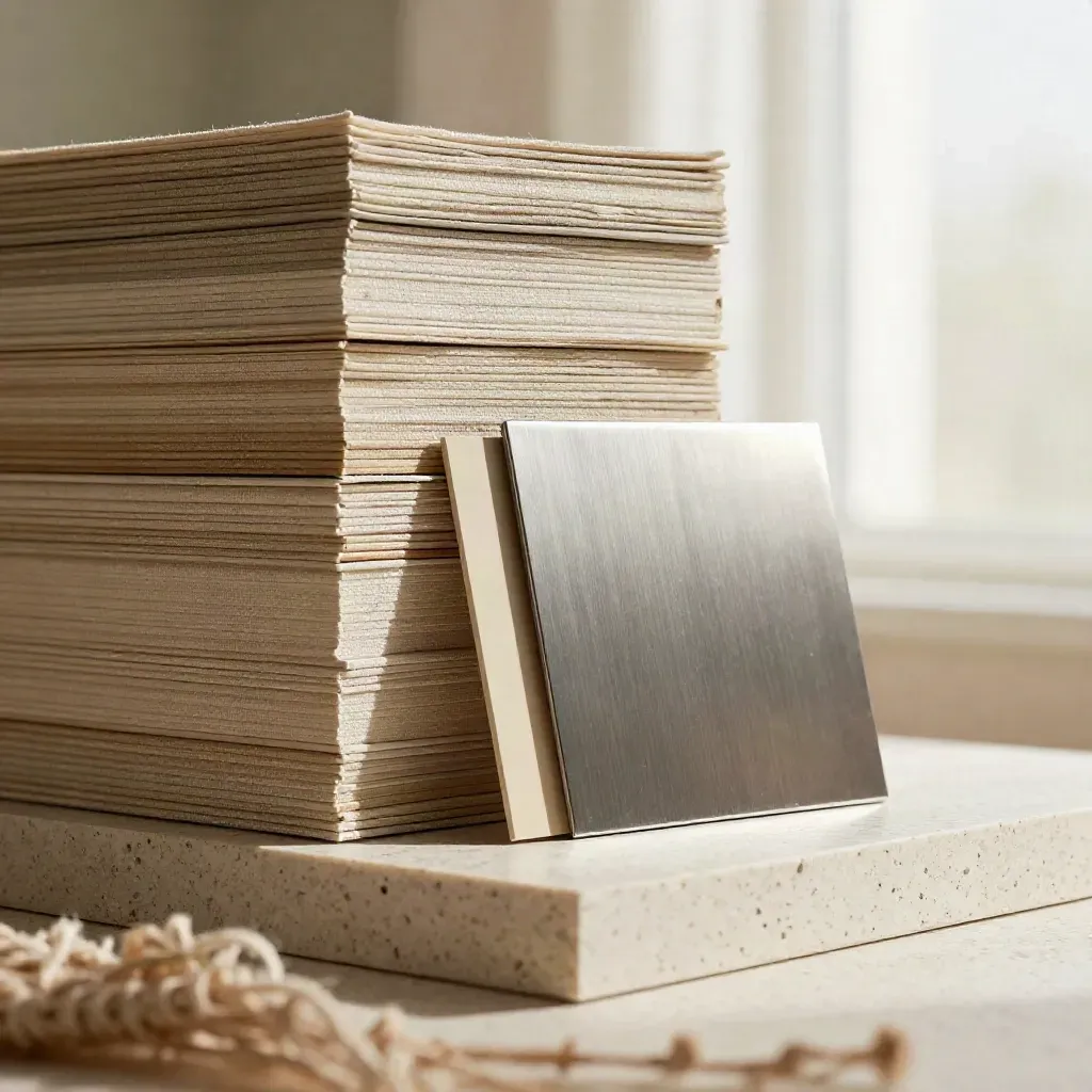 Macro hero of a creamy launch pack tower with linen, plaster house form and brushed metal sample.