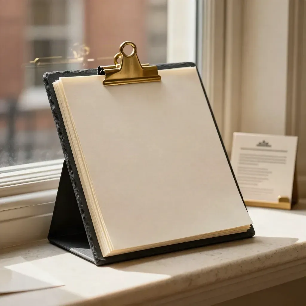 Slate rent review binder with brass clip and ivory sheets on a limestone ledge in soft afternoon light