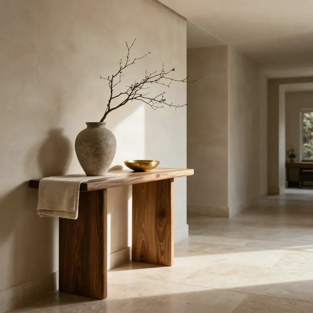 Sunlit limestone hallway with oak console, branch vase and calm copy space.