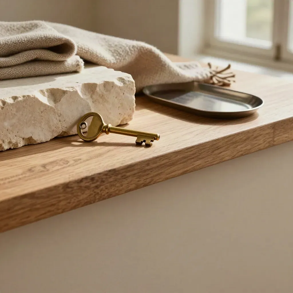 Brass key on oak with limestone blocks and wool throw in soft morning light